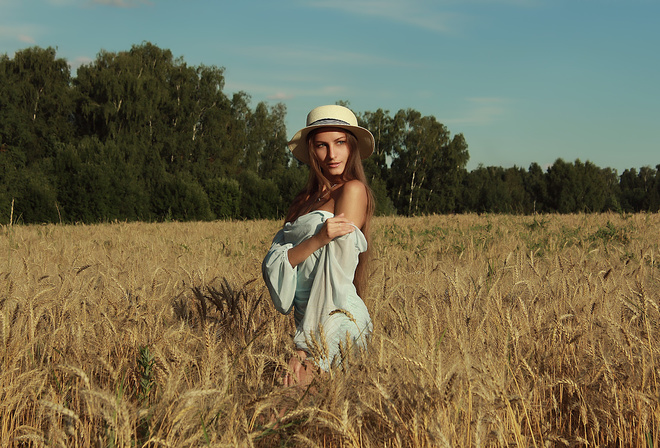 brunette, model, women, wheat, women outdoors, dress, hat, trees, nature, clouds, sky