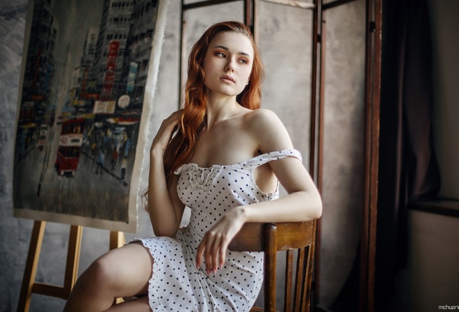 Maksim Chuprin, Nadezhda Tretyakova, polka dots, women, model, redhead, dress, white dress, women indoors, chair, easel