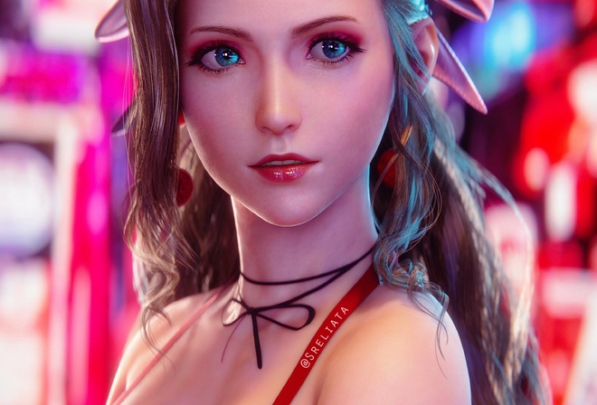 Aerith Gainsborough, Final Fantasy, Final Fantasy VII, women, brunette, blue eyes, digital art, video game girls, video games, 3D, fantasy girl, render