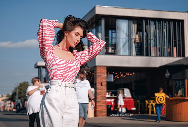 Anton Harisov, brunette, women, model, women outdoors, public, clouds, sky, blouse, pants, street, people