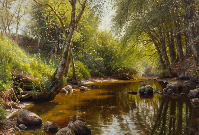 Peder Mork Monsted, Danish, 1907, A river landscape