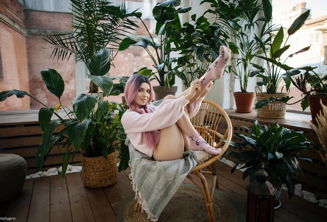 Maksim Chuprin, women, model, brunette, pink hair, women indoors, chair, ass, black panties, panties, hips, plants, ass, pierced nose