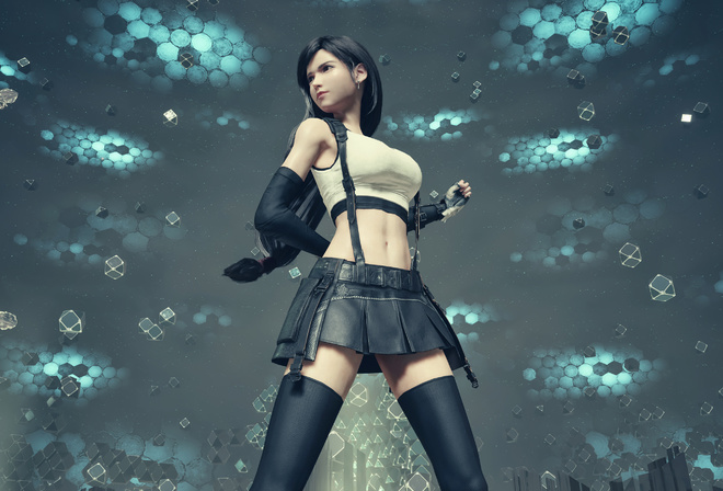 Tifa Lockhart, Final Fantasy, Final Fantasy VII, Final Fantasy VII: Remake, video games, video game girls, digital art, women, brunette, abstract, gloves, miniskirt, short tops, T-shirt, black stockings, stockings