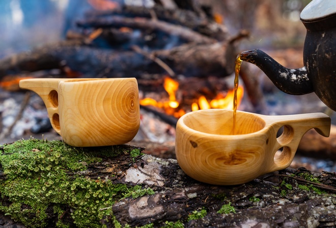 wooden finnish mug, camp fire, coffee