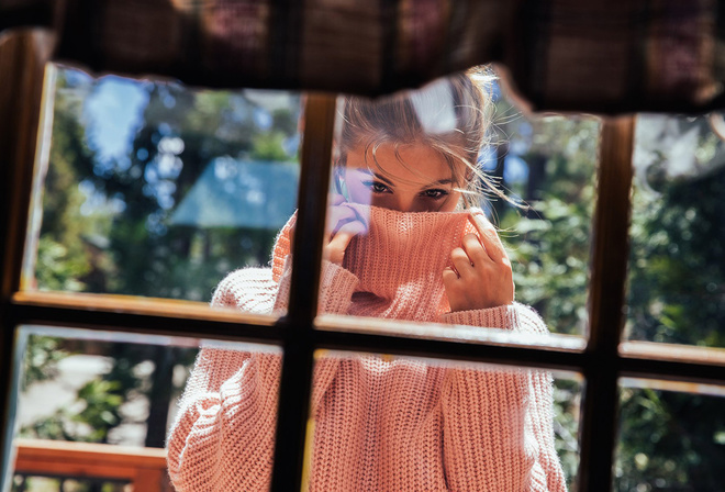 women, model, brunette, women outdoors, sweater, looking out window, eyes, garden