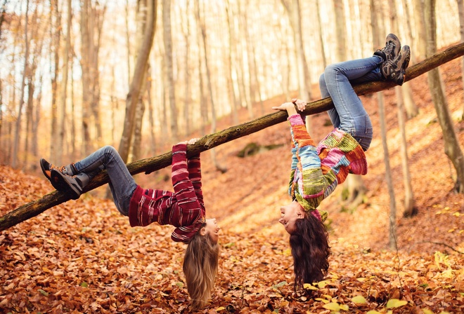 Autumn, Forest, Mother with daughter