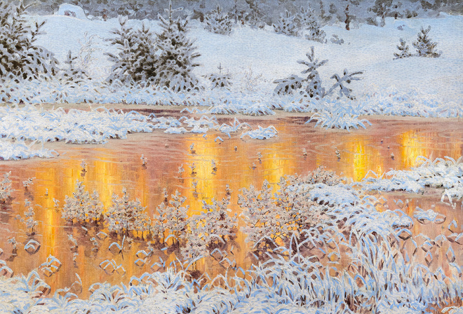 Gustaf Fjaestad, Swedish, 1916, Solar reflections in winter landscape