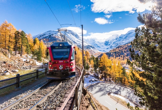 Autumn, Bernina Express, Alps, Train, Switzerland
