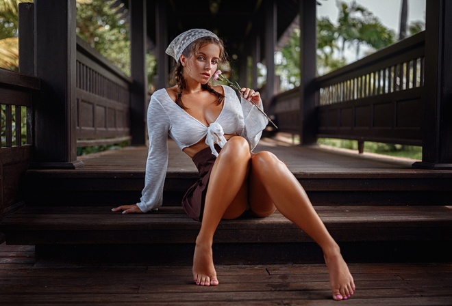 Georgy Chernyadyev, Katerina Alyabova, brunette, model, women, miniskirt, braids, tied top, flowers, sitting, barefoot, bridge