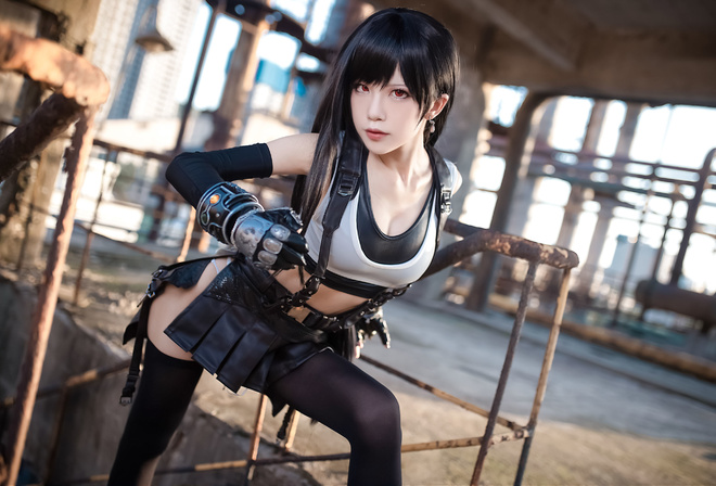 Tifa Lockhart, Final Fantasy, Final Fantasy VII: Remake, Final Fantasy VII, model, brunette, women, cosplay, Asian, women indoors, gloves, miniskirt, video game girls, video games, short tops, red eyes, Video Games Clothes, boots, red boots, black stockin