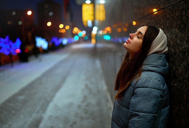 brunette, women, model, women outdoors, city, public, street, closed eyes, winter, jacket, night, bokeh, snow