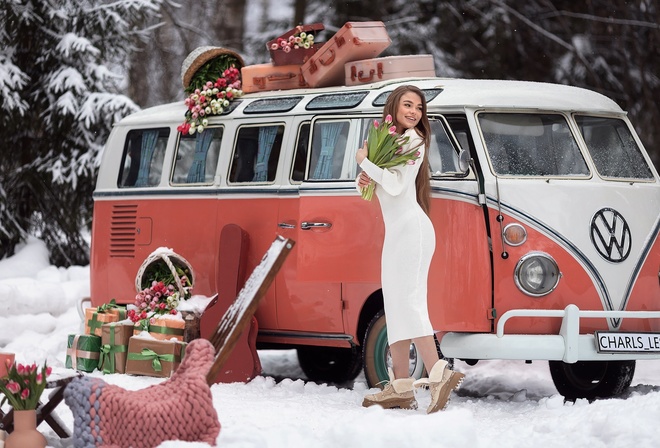 women, model, brunette, women outdoors, boots, roses, Volkswagen Bus, vehicle, Volkswagen, snow, winter, presents, white dress, luggage, smiling, trees, flowers