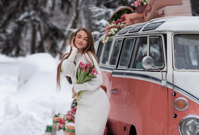 women, model, brunette, women outdoors, roses, Volkswagen Bus, vehicle, Volkswagen, snow, winter, presents, white dress, luggage, trees, flowers, closed eyes