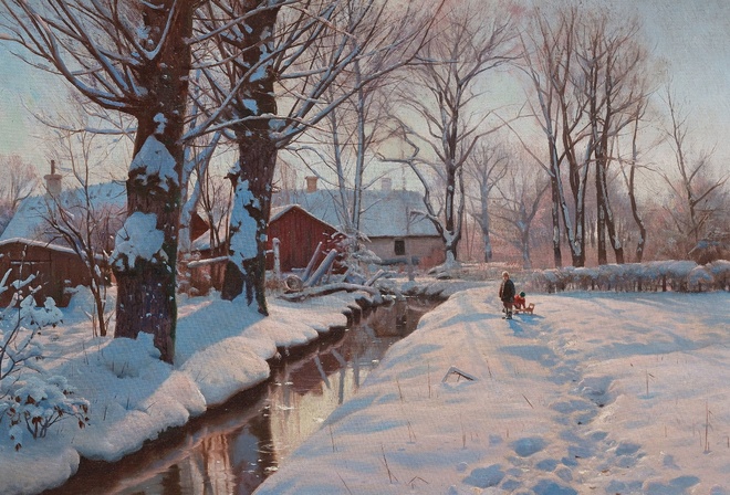 Peder Mork Monsted, Danish, 1927, A winterlandscape with children sledding