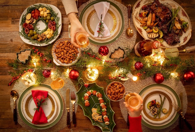 Christmas Feast Table with Almonds, Christmas hustle, traditional Christmas treats