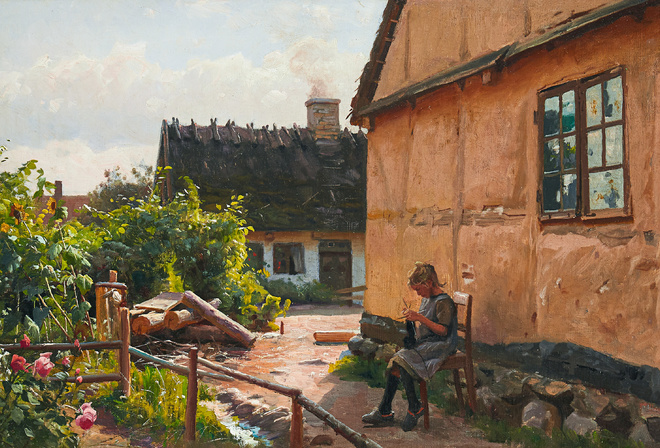 Peder Mork Monsted, Danish, 1914, A knitting girl outside a house on a sunny day