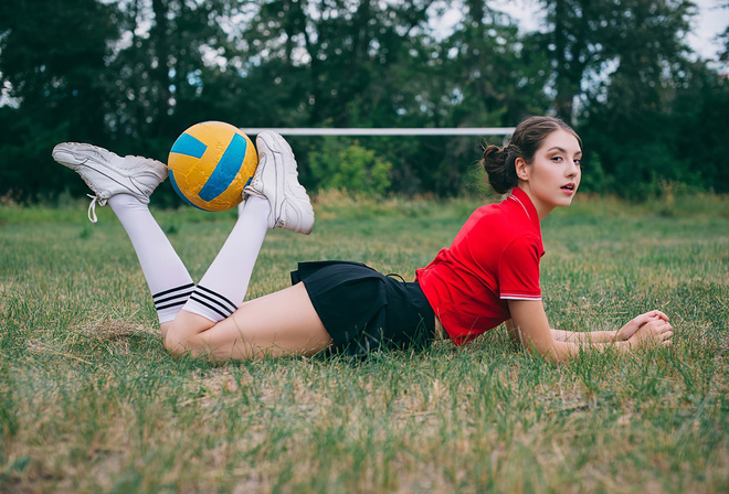 women, model, brunette, women outdoors, sneakers, T-shirt, miniskirt, grass, trees, goal, soccer ball