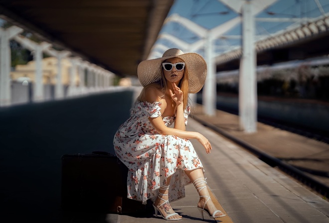 women, blonde, model, women outdoors, train station, suitcase, sitting, dress, women with glasses, hat, tattoo