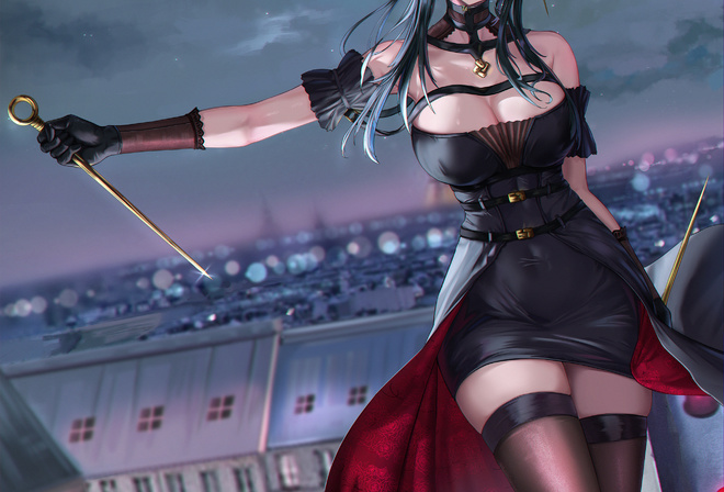 Tooku, Yor Forger, Spy x Family, anime girls, women, brunette, pink eyes, black dress, digital art, fan art, anime, sky, clouds, black stockings, night, gloves, city, stars