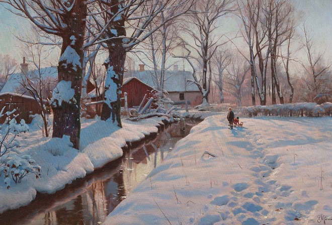 Peder Mork Monsted, Danish, A winterlandscape with children sledding, 1927