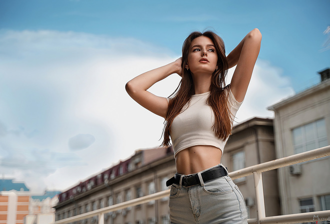 Maxim Matveev, brunette, women, women outdoors, model, jeans, public, short tops, sky, clouds