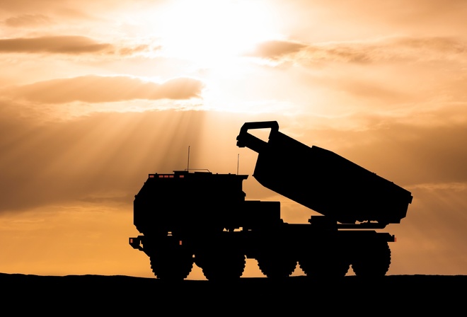 sunset sky, M142 HIMARS, light multiple rocket launcher, M142 High Mobility Artillery Rocket System