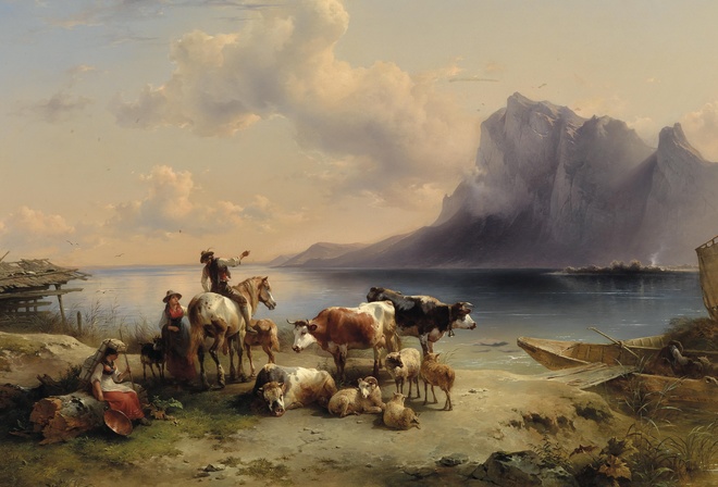 Friedrich Gauermann, Austrian, 1852, Shepherds and cattle at lake Attersee