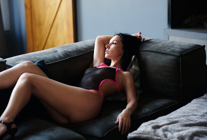 Gene Oryx, brunette, women, model, couch, ass, hips, lying down, women indoors