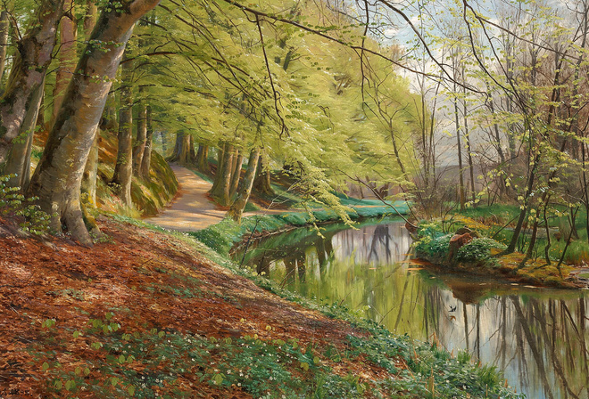 Peder Mork Monsted, Danish, 1898, A river running through a forest with beech trees and white anemones