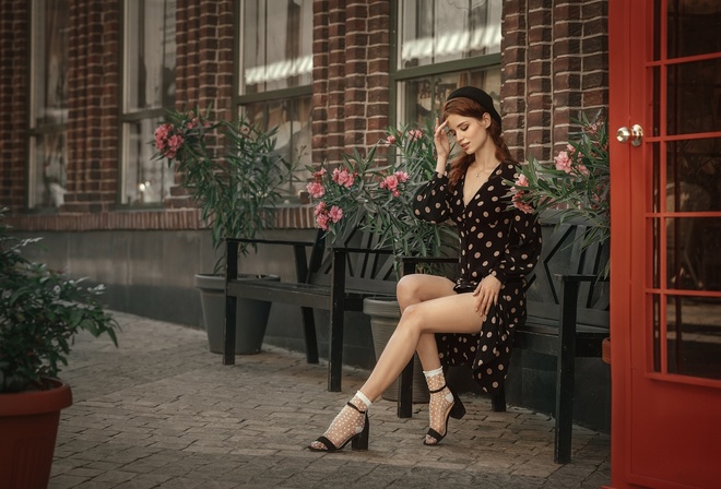 women, model, brunette, women outdoors, polka dots, dress, black dress, flowers, bench, legs