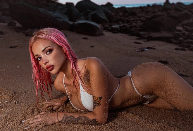 women, bikini, white bikini, hips, women, model, brunette, blonde, pink hair, tattoo, rocks