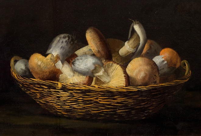 Still life with mushrooms in a wicker basket, Simone del Tintore, Italian