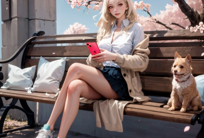 Stable Diffusion, AI art, blonde, women, dog, animals, bench, trees, sky, clouds, cherry blossom, skirt, white shirt, shirt, sweater, iphone, smartphone, legs crossed, sneakers, outdoors