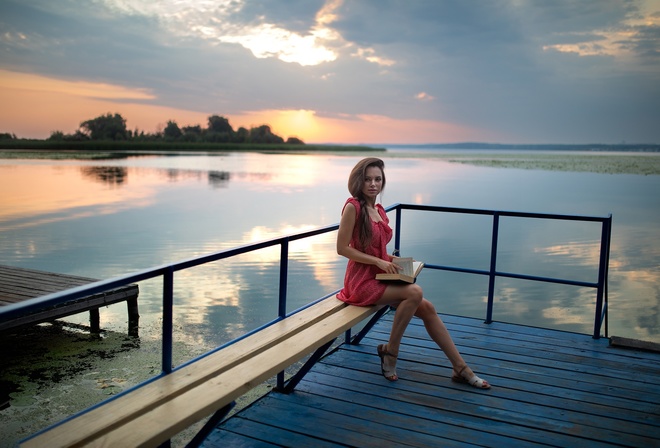 Dmitry Shulgin, women, model, brunette, women outdoors, lake, red dress, dress, nature, landscape, sky, clouds, water