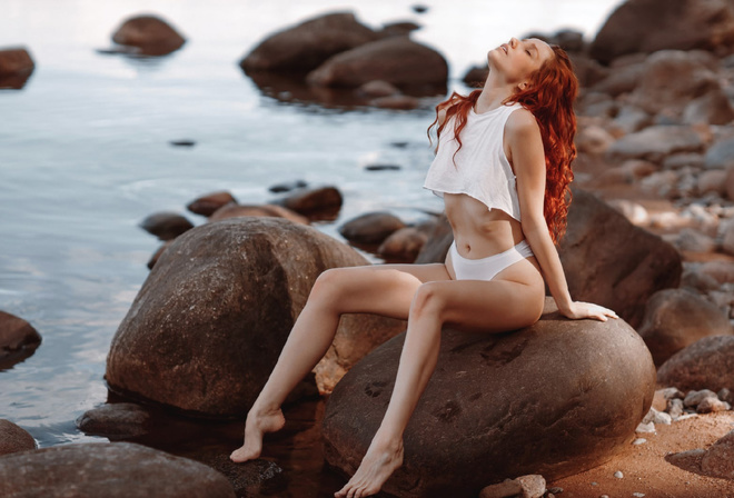 Stepan Kvardakov, redhead, women, model, beach, women outdoors, white panties, panties, hips, sitting, rocks, sea, ass, water, nature, closed eyes