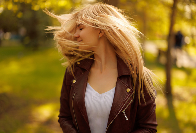 blonde, women, model, women outdoors, jacket, leather jacket, bokeh, closed eyes, nature, trees