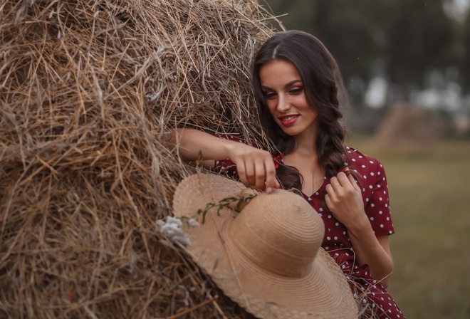 women, model, brunette, beautiful, women outdoors, polka dots, dress, braids, red dress, straw, straw hat, hat, field