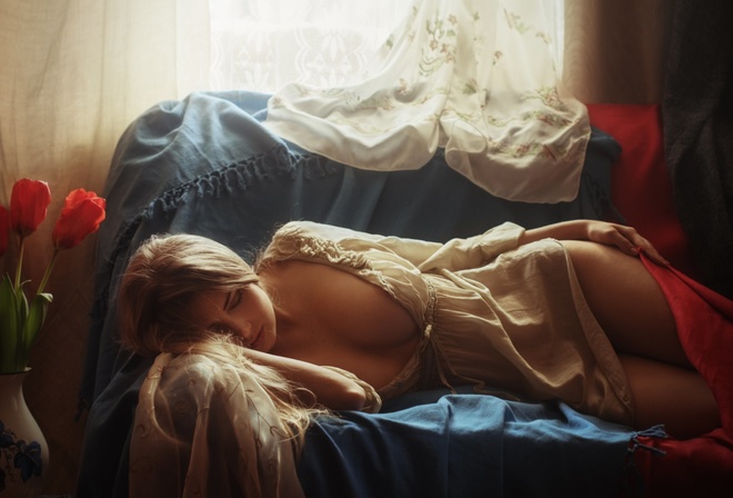 couch, blonde, women, model, women indoors, hips, dress, cleavage, closed eyes, boobs, big boobs, window, curtains