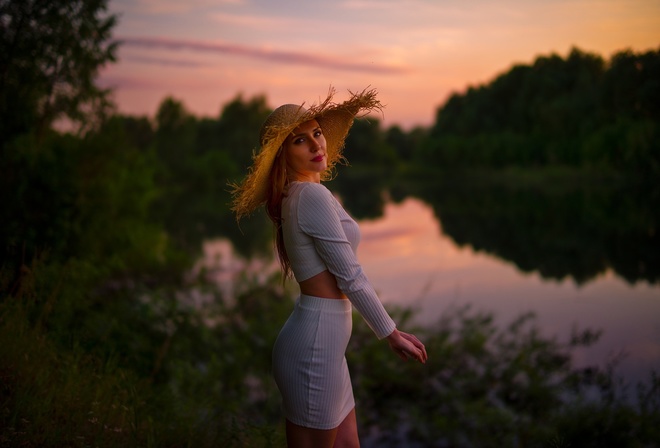 Andrew Gnezdilov, women, blonde, model, lake, women outdoors, hips, ass, straw hat, nature, trees, sky, clouds