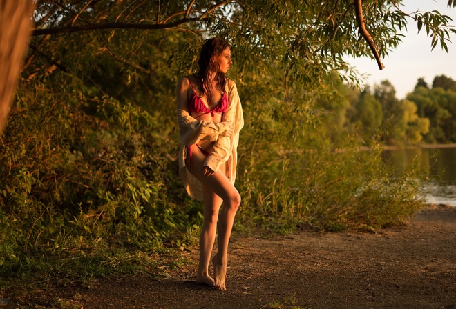 Robert Zazin, women, model, brunette, red bikini, women outdoors, nature, lake, trees, bikini