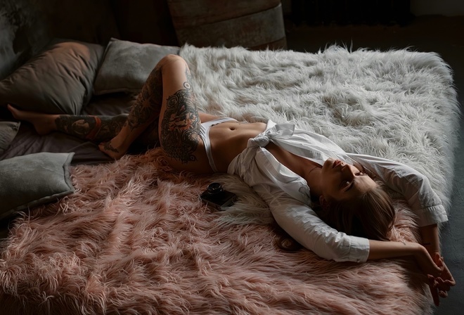 women, model, brunette, tattoo, white panties, ass, in bed, hips, camera, women indoors, panties, white shirt