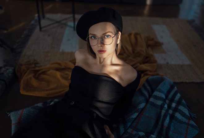 women with glasses, women indoors, berets, beret, beautiful, women, model, brunette, glasses, black dress, dress