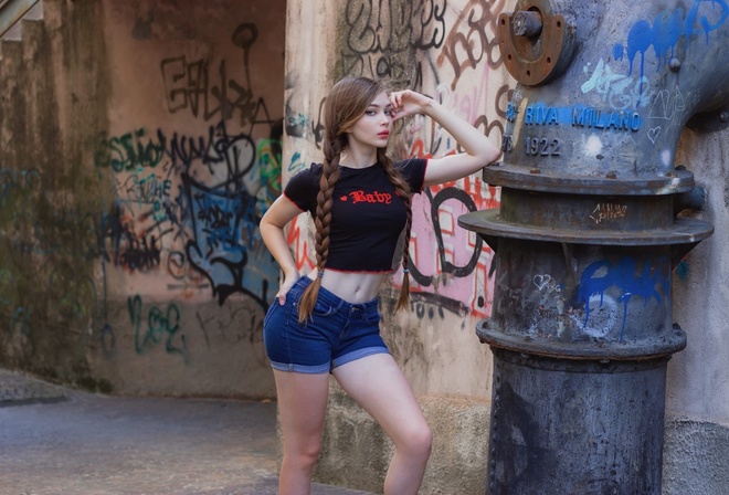 women outdoors, brunette, women, model, jean shorts, short shorts, short tops, T-shirt, black t-shirt, braids, twintails