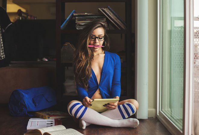 women with glasses, sweater, blue sweater, women, model, brunette, women indoors, knee-highs, knee high socks, books, black nails, pens, on the floor