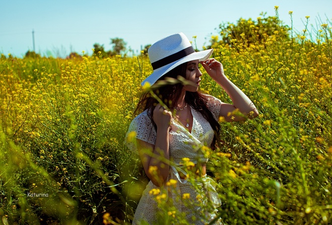 nature, flowers, plants, women outdoors, brunette, women, model, sky, white clothing, white hat, white skirt, white nails