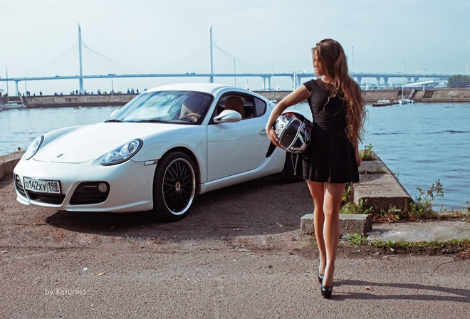 Porsche 911, Porsche 991, vehicle, Porsche, car, white cars, helmet, motorbike helmet, women outdoors, women, model, brunette, sky, clouds, black dress, bridge, water