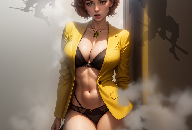 april o neil, Ninja Turtles, warrior, Teenage Mutant Ninja Turtles, anime girls, black lingerie, black bra, black panties, hips, reporter, microphone, women, brunette, jacket, yellow Jacket, AI art, Stable Diffusion