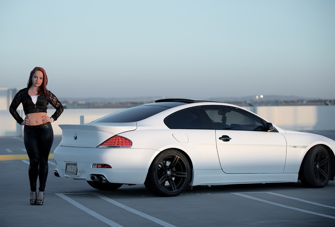 white, bmw, car, model, babe, beauty, outdoors, black rims