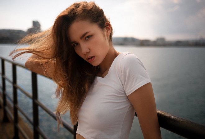 T-shirt, white t-shirt, sky, clouds, women outdoors, short tops, brunette, model, women, river, girl, water, looking at viewer