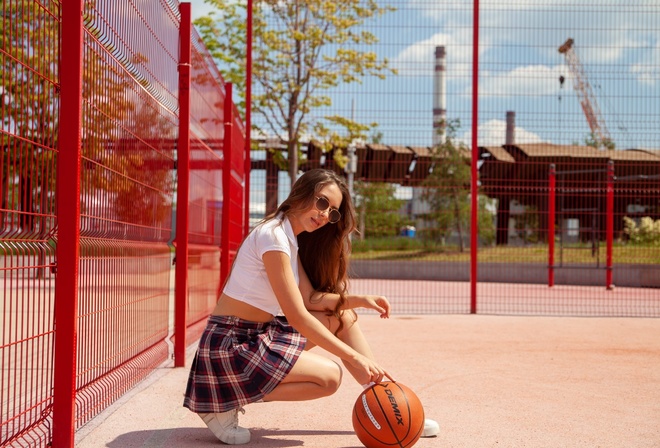 public, girl, basketball ball, women outdoors, sunglasses, women, brunette, model, plaid skirt, short tops, T-shirt, white t-shirt, sneakers, sky, clouds